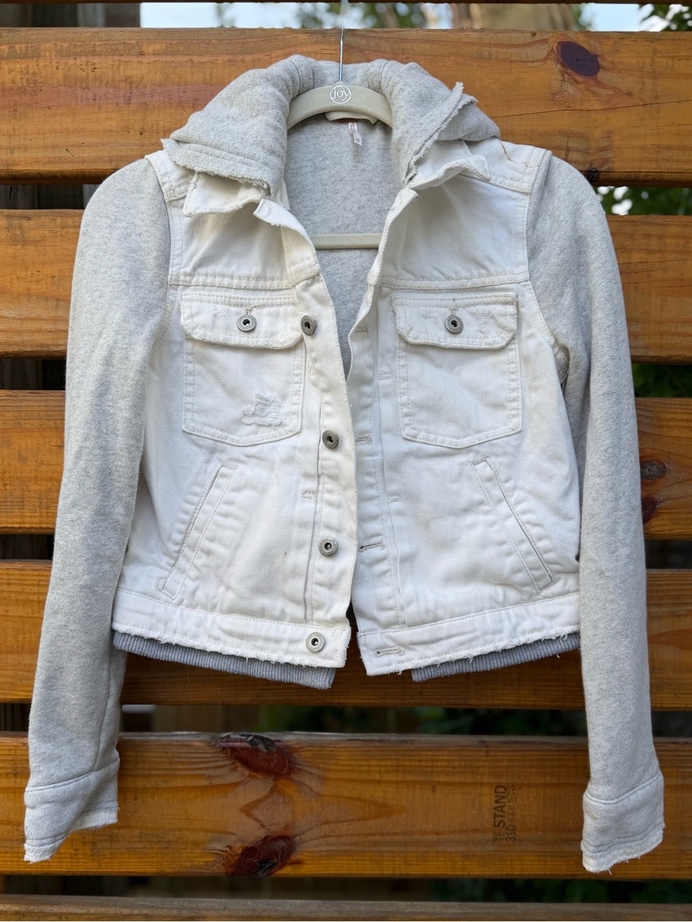 Free People Distressed White Denim Gray Knit Drawstring Hood Women’s XS Jacket!